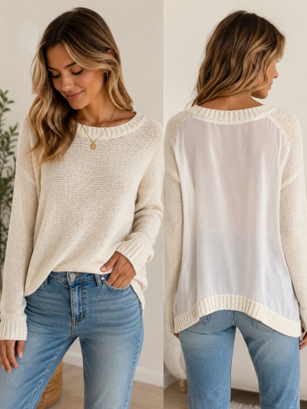 Bluesteel Cream Knit Sweater Sheer Back Lightweight Pullover Size L